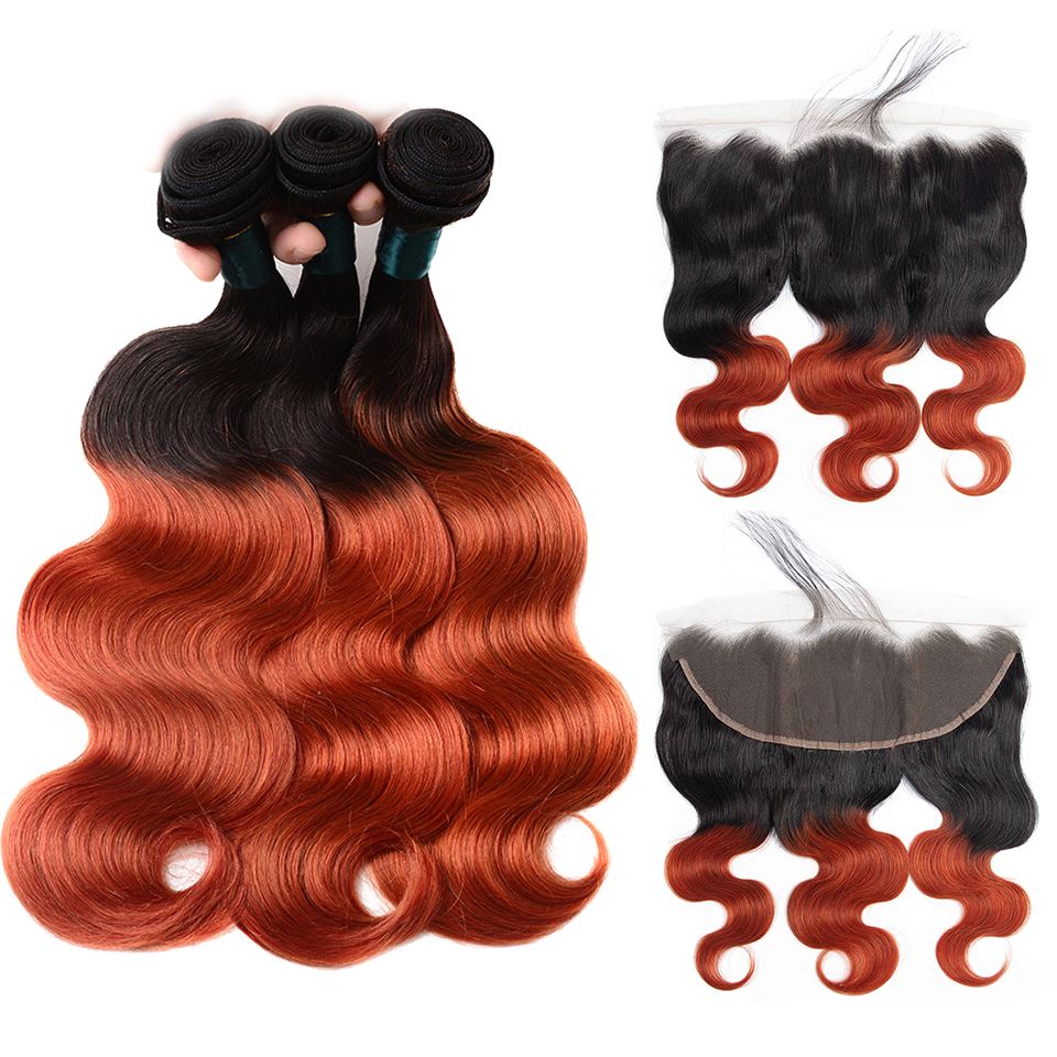 Burnt Orange Bundles With Frontal Wavy 1b 350 Human Hair Dark Roots | SULMY.