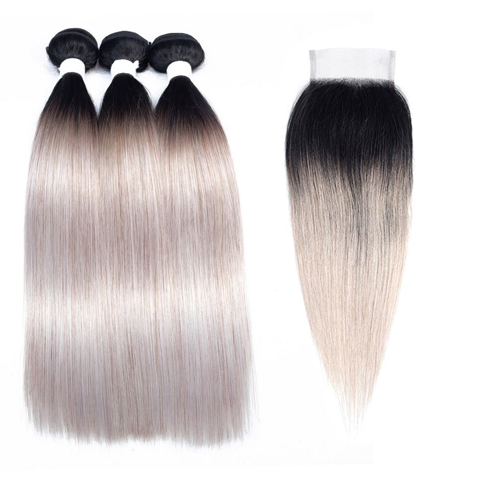 Grey Bundles With Closure Straight Dark Roots Human Hair | SULMY.