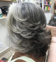 Natural Salt and Pepper Wigs with Feathered Layers 100% Real Human Hair for Caucasian Women