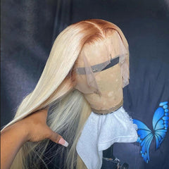 613 Honey Blonde Wig with #4 Dark Brown Root Long Transparent Lace Front Human Hair Wigs | SULMY.