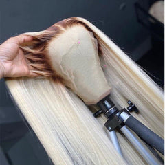 613 Honey Blonde Wig with #4 Dark Brown Root Long Transparent Lace Front Human Hair Wigs | SULMY.