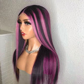 Black Hair Wig With Pink Highlight Stripes 100% Real Human Hair Wig
