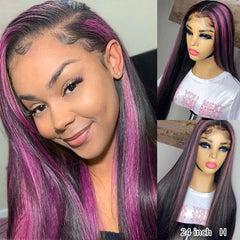 Black Hair Wig With Pink Highlight Stripes 100% Real Human Hair Wig