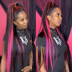 Black Hair Wig With Pink Highlight Stripes 100% Real Human Hair Wig