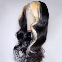 Black Human Hair Wig With Blonde Highlight Streaks In Front Body Wave | SULMY.