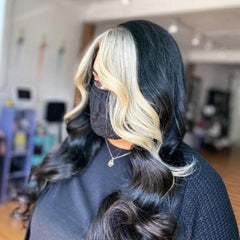 Black Human Hair Wig With Blonde Highlight Streaks In Front Body Wave | SULMY.