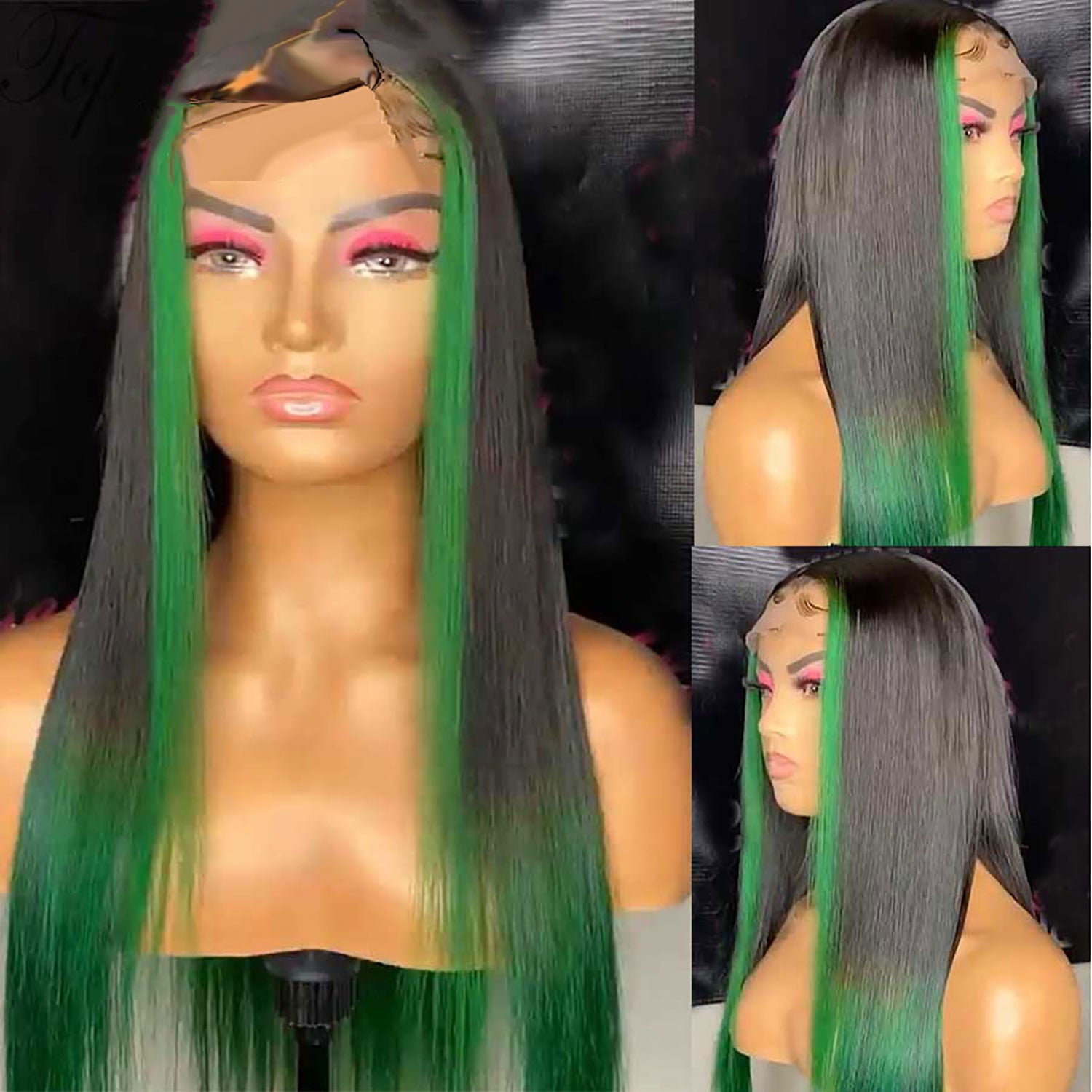 Black Lace Front Wig with Green Streaks in Front 100% Human Hair Wigs