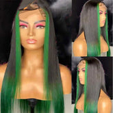Black Lace Front Wig with Green Streaks in Front 100% Human Hair Wigs