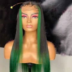Black Lace Front Wig with Green Streaks in Front 100% Human Hair Wigs