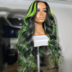 Black Wig With Green Highlights Money Piece 100% Real Human Hair Wavy Wigs