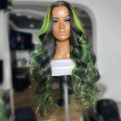 Black Wig With Green Highlights Money Piece 100% Real Human Hair Wavy Wigs