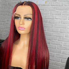 Black Wig With Red Streak Highlights Transparent Lace Front Wigs Human Hair | SULMY.