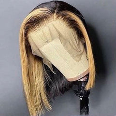 Black With Blonde Streak Short Human Hair Wig Blunt Cut Bob Highlight Wigs | SULMY.