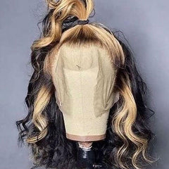 Black With Blonde Streak Short Human Hair Wig Blunt Cut Bob Highlight Wigs | SULMY.