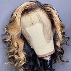 Black With Blonde Streak Short Human Hair Wig Blunt Cut Bob Highlight Wigs | SULMY.