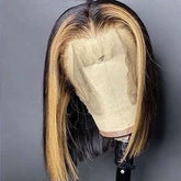Black With Blonde Streak Short Human Hair Wig Blunt Cut Bob Highlight Wigs | SULMY.