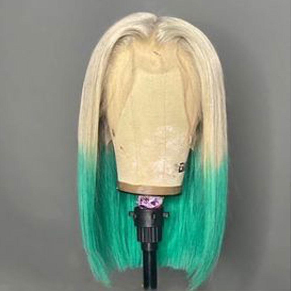 Blonde to Green Short Human Hair Wig Blunt Cut Bob Wigs | SULMY.