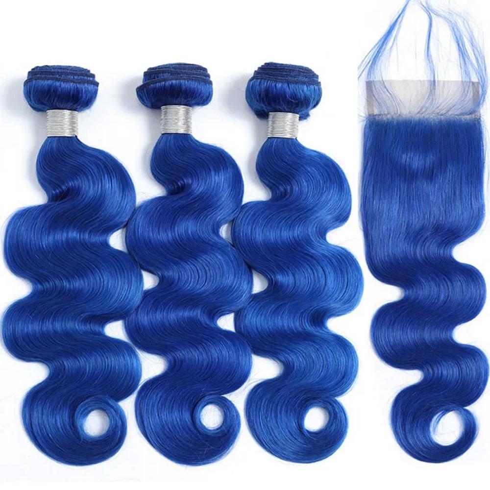 Blue Bundles With Closure Wavy Dark Blue Weave With Closure