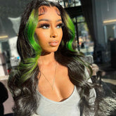 Green Skunk Stripe Wig Neon Green Money Piece 100% Real Human Hair Wavy Wig