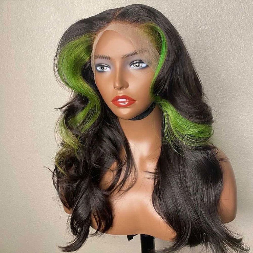 Green Skunk Stripe Wig Neon Green Money Piece 100% Real Human Hair Wavy Wig