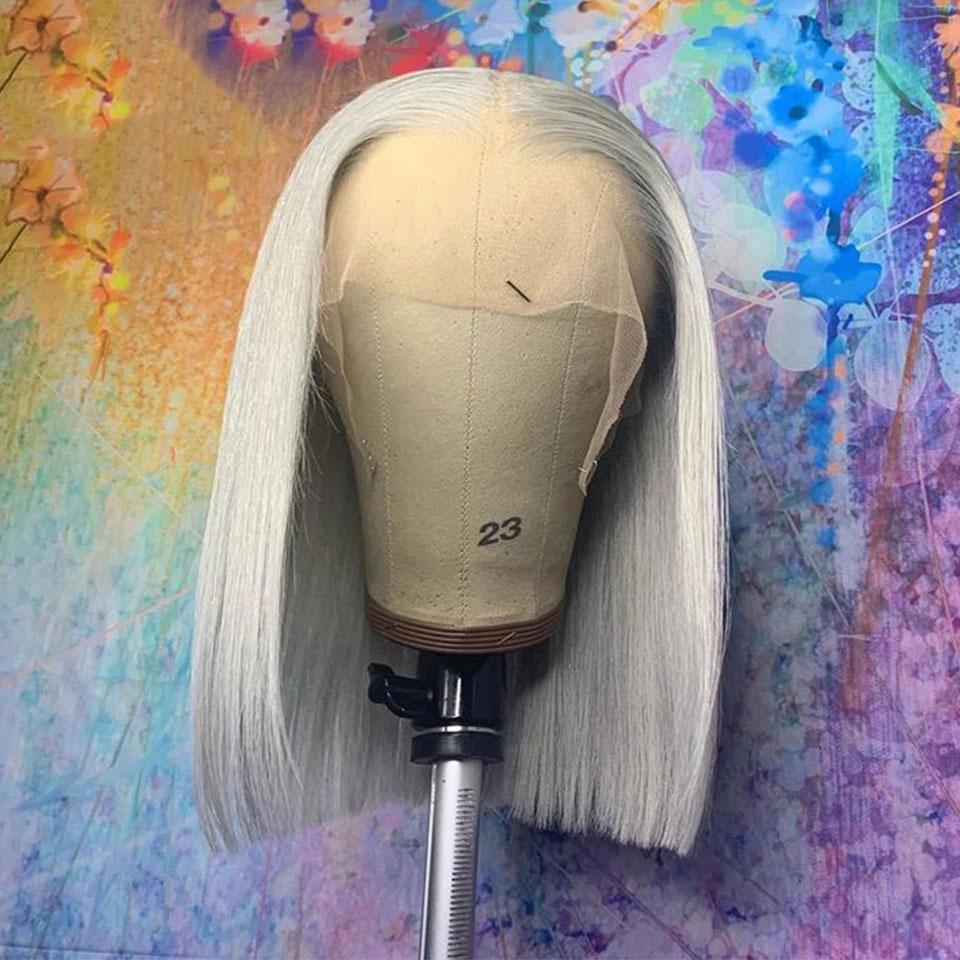 Grey Blunt Cut Bob Wig Short Human Hair Wigs Transparent Lace Wig | SULMY.