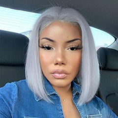 Grey Blunt Cut Bob Wig Short Human Hair Wigs Transparent Lace Wig | SULMY.