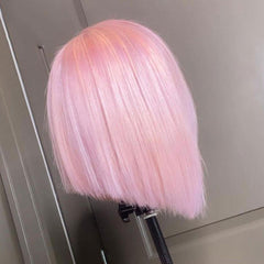 Light Pink Blunt Cut Bob Human Hair Wig Short Transparent Lace Front Wig | SULMY.