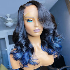 Midnight Blue Lace Front Wig with Dark Roots 100% Human Hair Wig