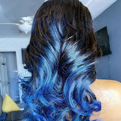 Midnight Blue Lace Front Wig with Dark Roots 100% Human Hair Wig