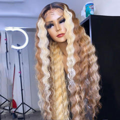 Ombre Blonde Streaks Highlight Colored Wavy Human Hair Wig Pre-Plucked Brown Lace Front Wig For Women | SULMY.