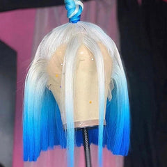 Ombre Grey to Blue Short Human Hair Wig Blunt Cut Bob Wigs | SULMY.