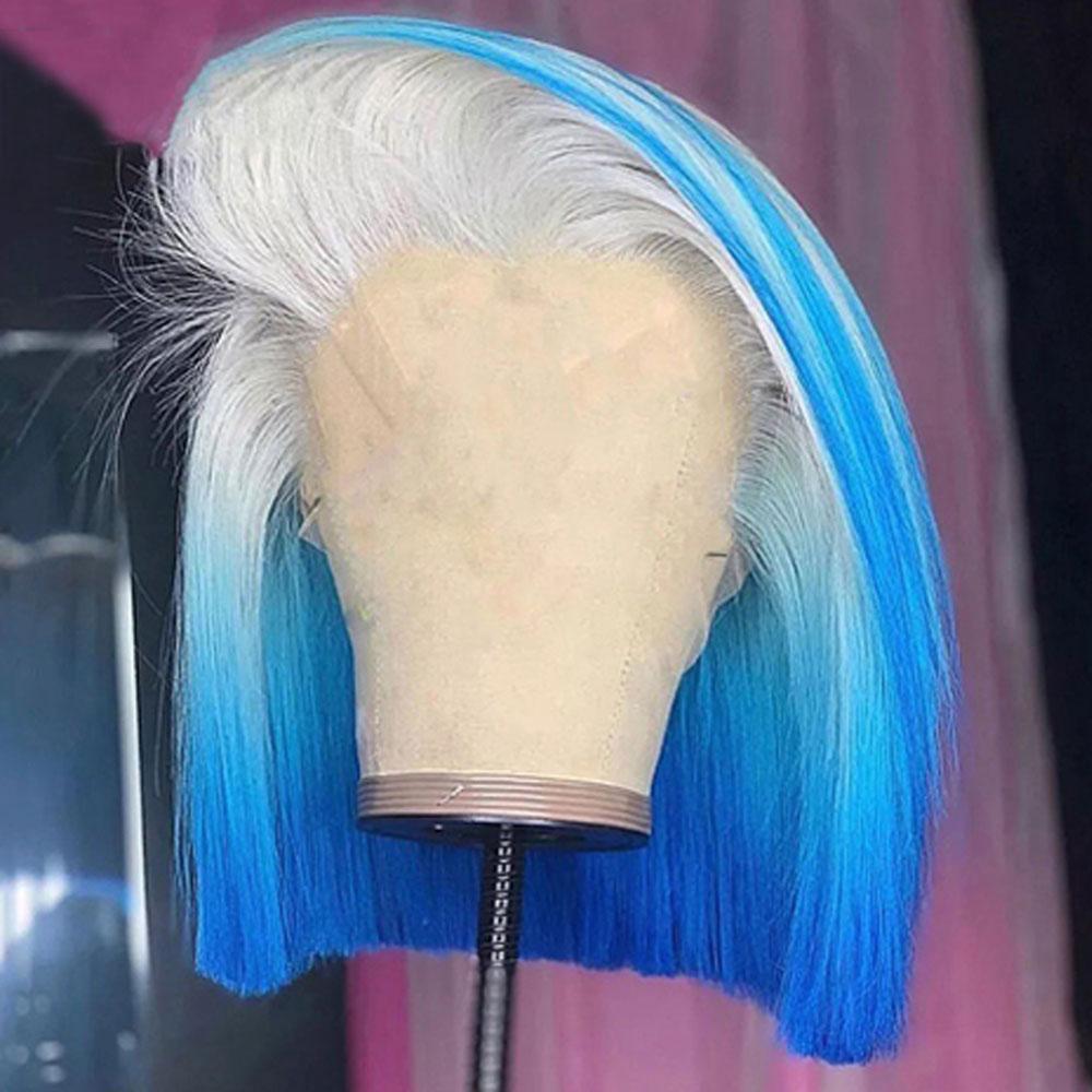 Ombre Grey to Blue Short Human Hair Wig Blunt Cut Bob Wigs | SULMY.