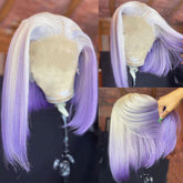 Ombre Grey to Purple Short Human Hair Wig Blunt Cut Bob Wigs | SULMY.