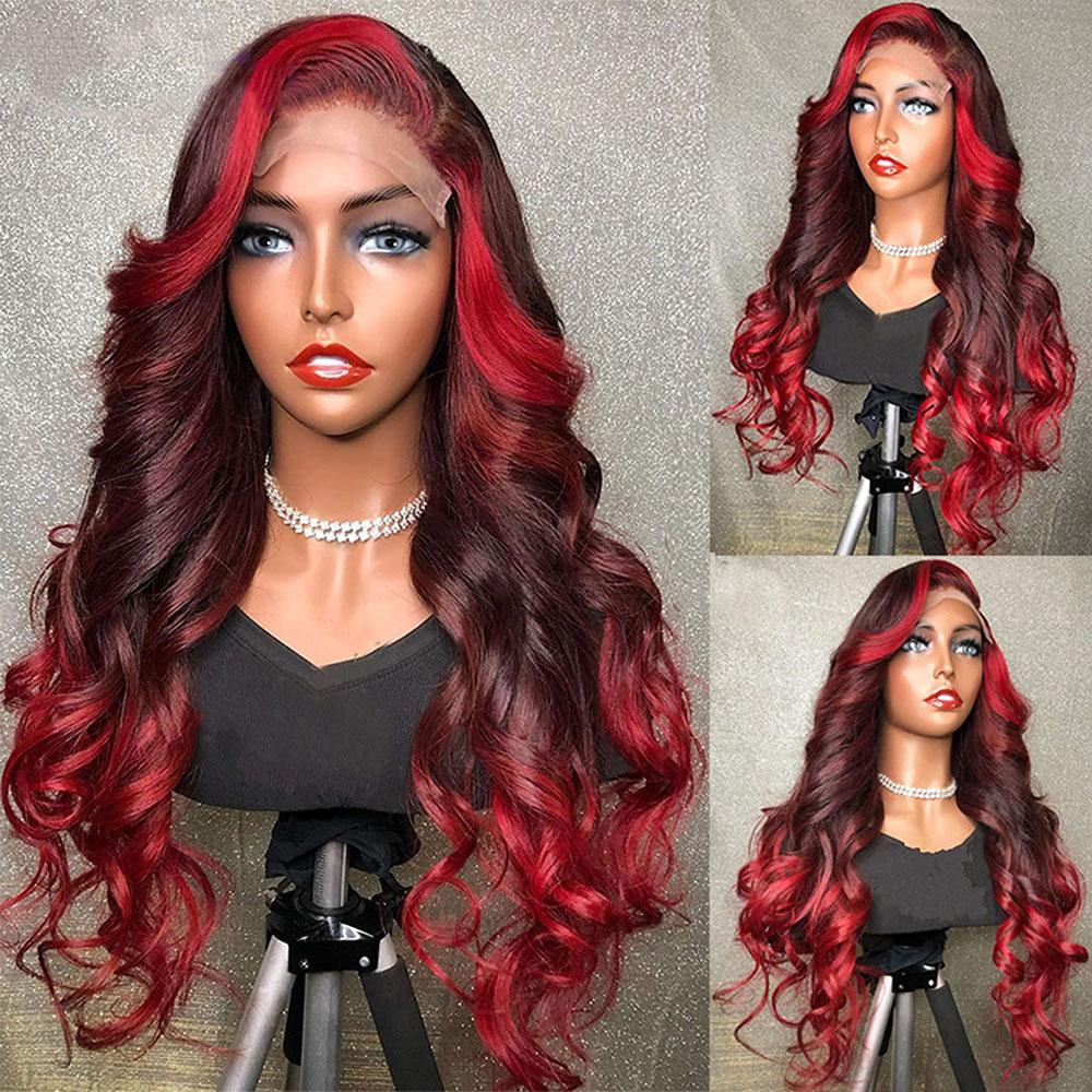 Ombre Red Wig 100% Human Hair Burgundy Lace Front Wig