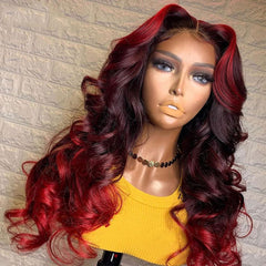 Ombre Red Wig 100% Human Hair Burgundy Lace Front Wig