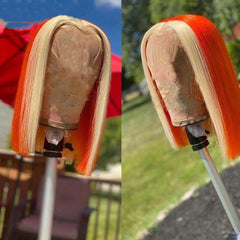 Orange Bob Wig with Blonde Streak in Front Real Hair Blunt Cut Highlight Lace Wig | SULMY.