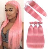 Pink Bundles With Closure Straight Light Pink Hair Weave With Closure