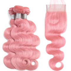 Pink Bundles With Closure Wavy Light Pink Hair Weave With Closure