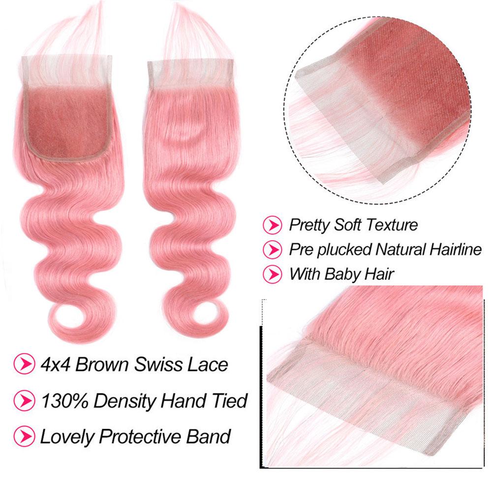Pink Bundles With Closure Wavy Light Pink Hair Weave With Closure