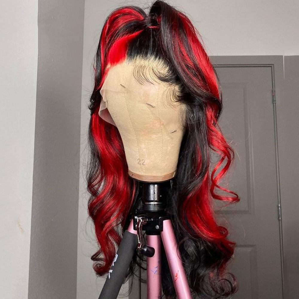 Red And Black Split Human Hair Wig With Red Streaks Lace Front Wigs