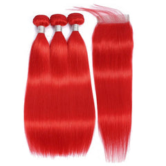 Red Bundles With Closure Straight Bright Red Hair Weave With Closure