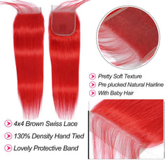 Red Bundles With Closure Straight Bright Red Hair Weave With Closure