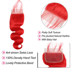 Red Bundles With Closure Wavy Bright Red Hair Weave With Closure