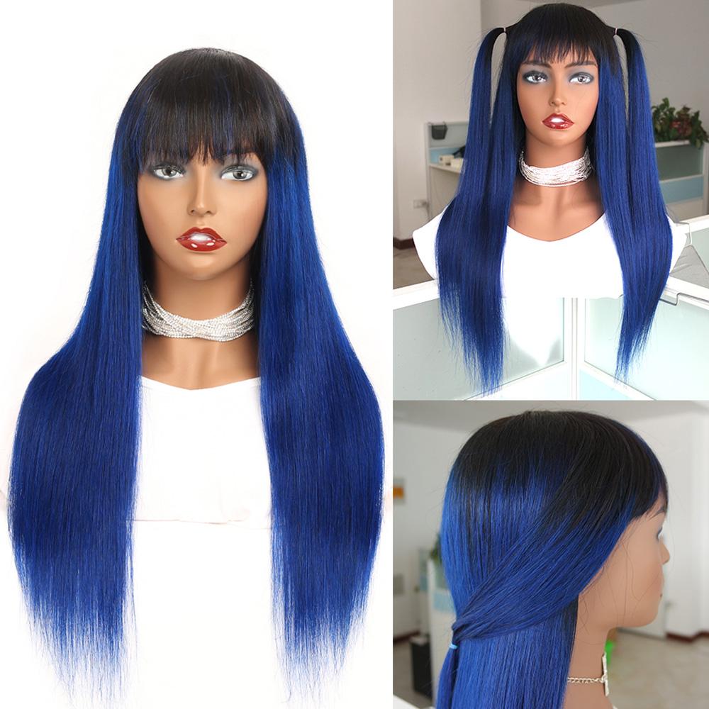 Royal Blue Wig with Bangs #1b/Electric Blue Ombre Human Hair Wigs with Dark Roots