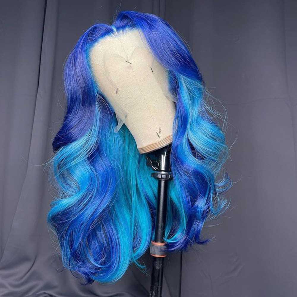 SULMY Blue Wigs With Highlights 100% Human Hair