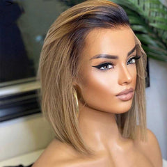 SULMY Brown Short Bob Wigs with Dark Roots 100% Human Hair
