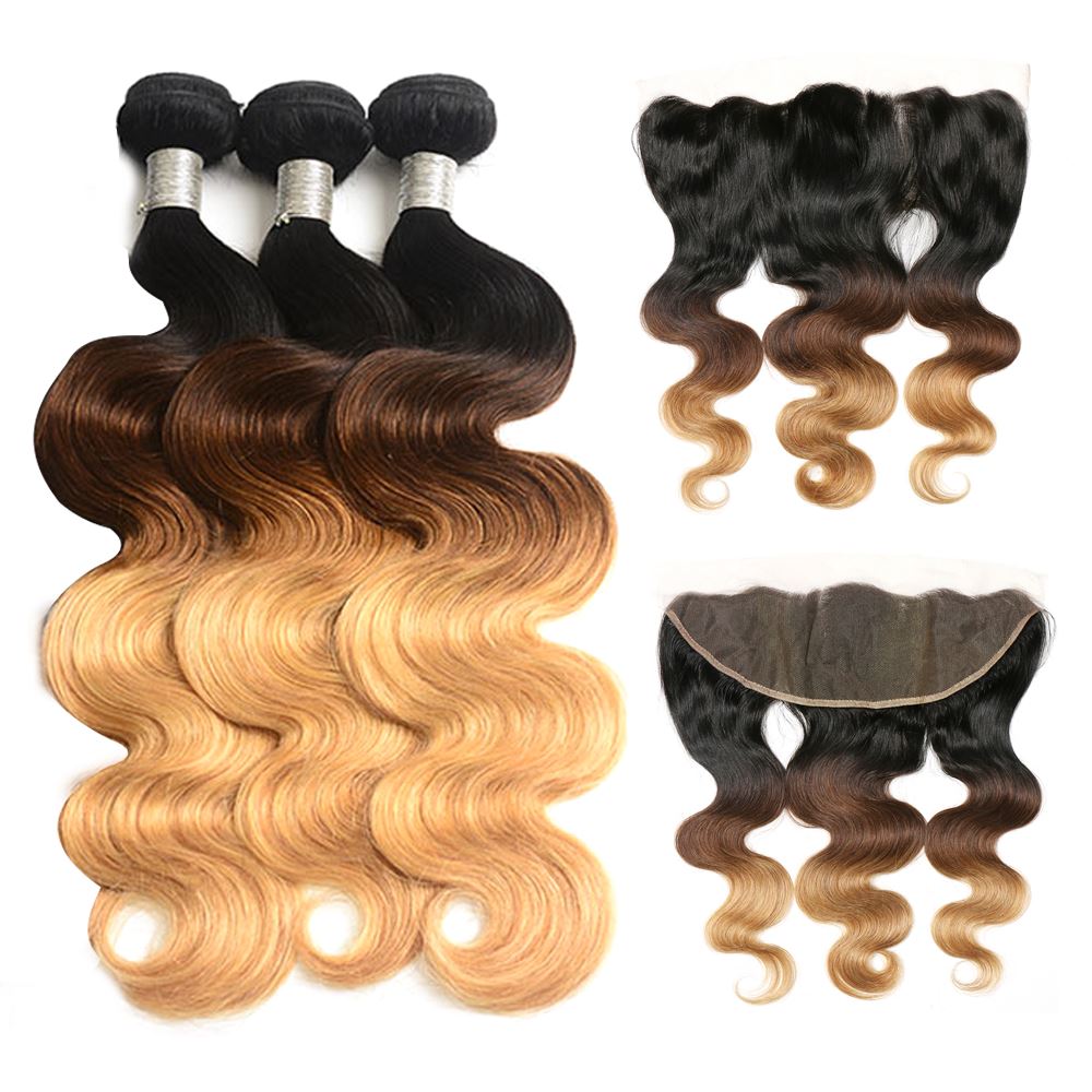 Sulmy 3 Bundles With Frontal Closure 1b #4 #27 Ombre body wave Brazilian Hair Weave | SULMY.