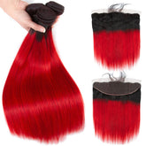 Red Bundles With Frontal Straight Bright Red Human Hair Dark Roots | SULMY.