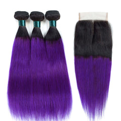 Purple Weave Bundles With Closure Violet Straight Human Hair Dark Roots | SULMY.