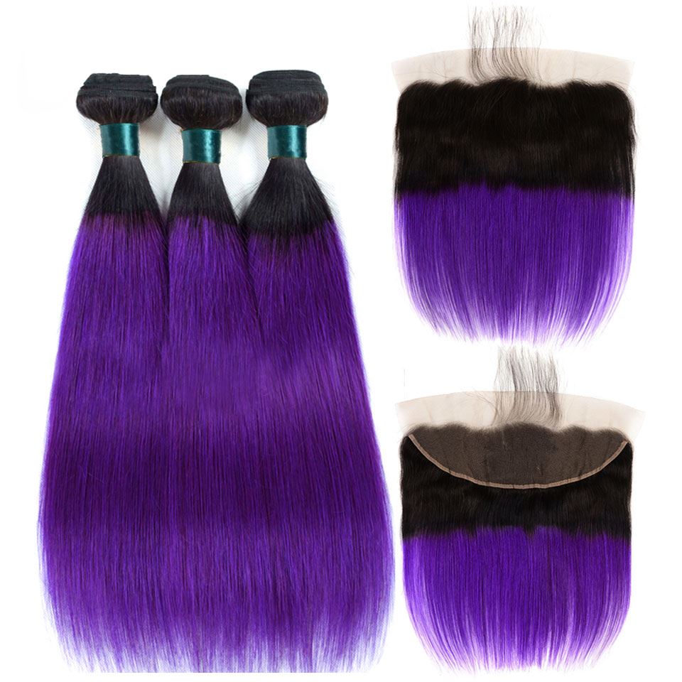 Purple Weave Bundles With Frontal Straight Human Hair Dark Roots | SULMY.